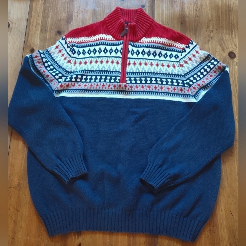 IZOD Men's Red White Navy Fair Isle Knit Sweater | Size XL